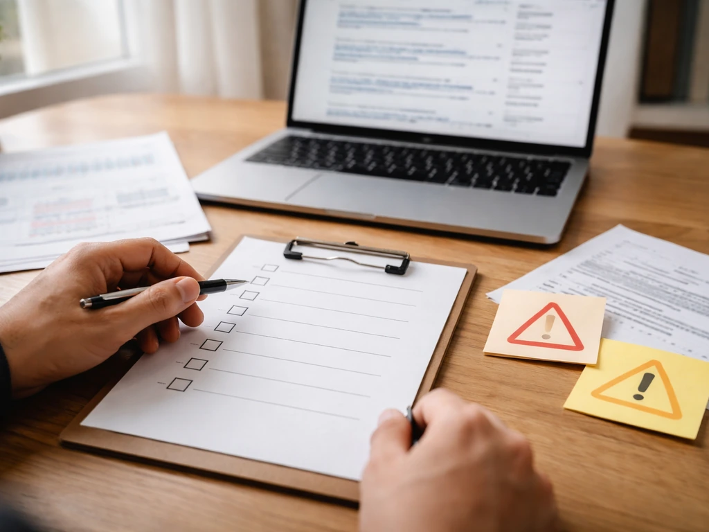 Minimal desk scene with a checklist, scattered papers, and a laptop showing search results without readable text.