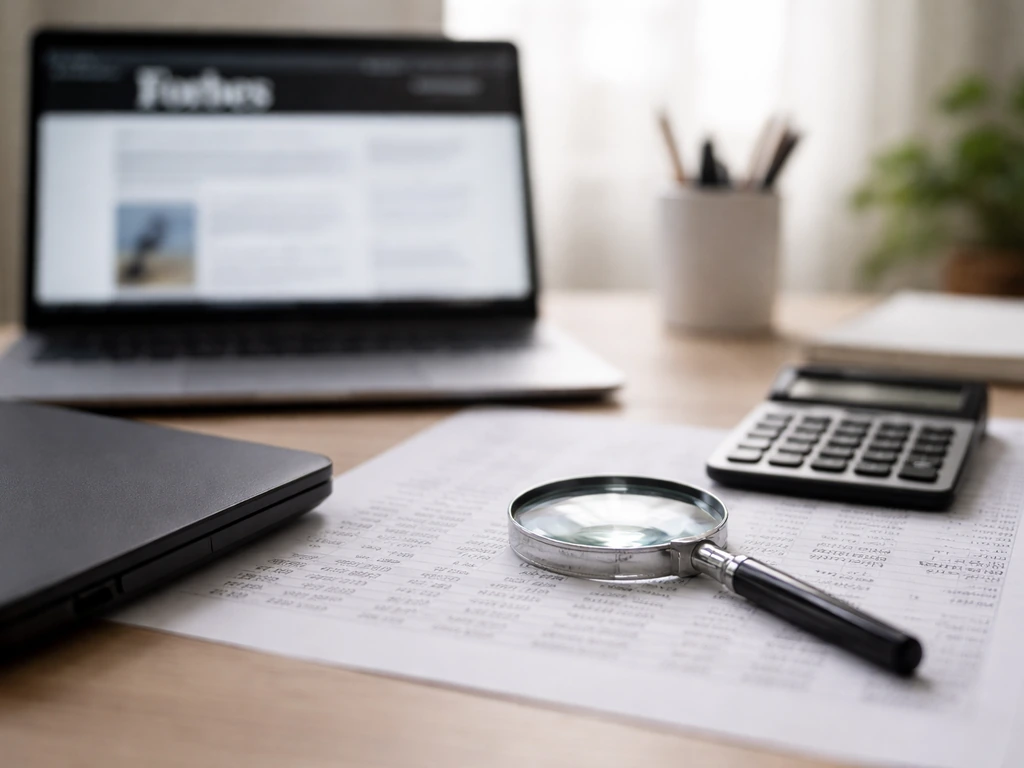 Desk scene with laptop showing Forbes, calculator, and magnifying glass over financial spreadsheets for verification.