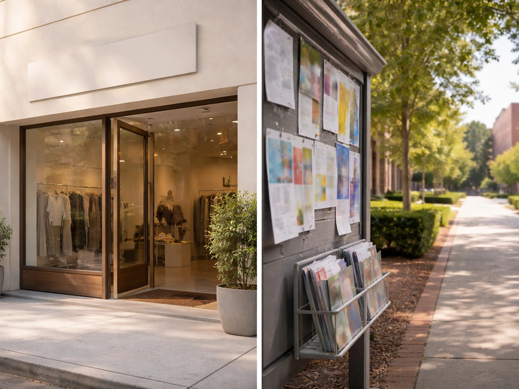 Split-screen photo showing an anonymous clothing storefront and a university campus notice board, suggesting “James Mae”
