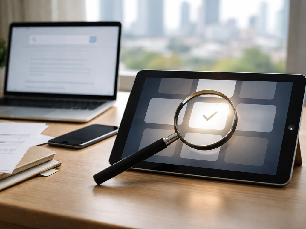 Desk with laptop and tablet showing abstract verification tiles under a hovering magnifying glass.