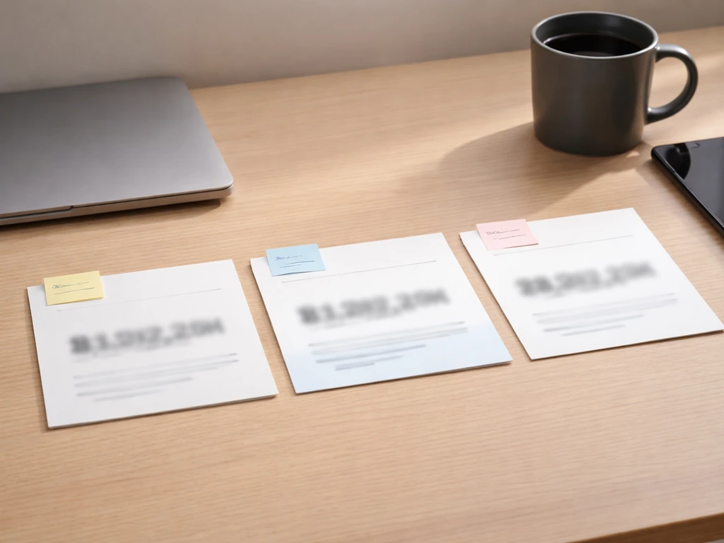 Three net-worth-style cards with different totals on a desk, symbolizing varying estimates from sites.
