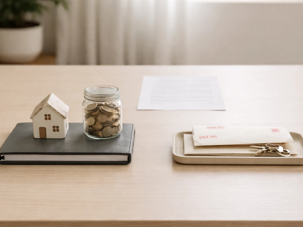 Minimal desk scene split between asset items and debt-like envelopes and keys, symbolizing assets minus liabilities