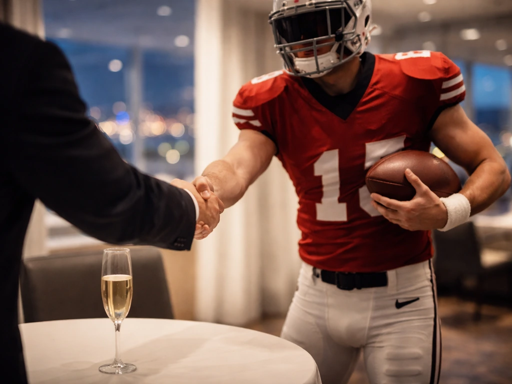 Anonymous football player shaking hands at a hotel event, holding a football, with soft city lights bokeh.