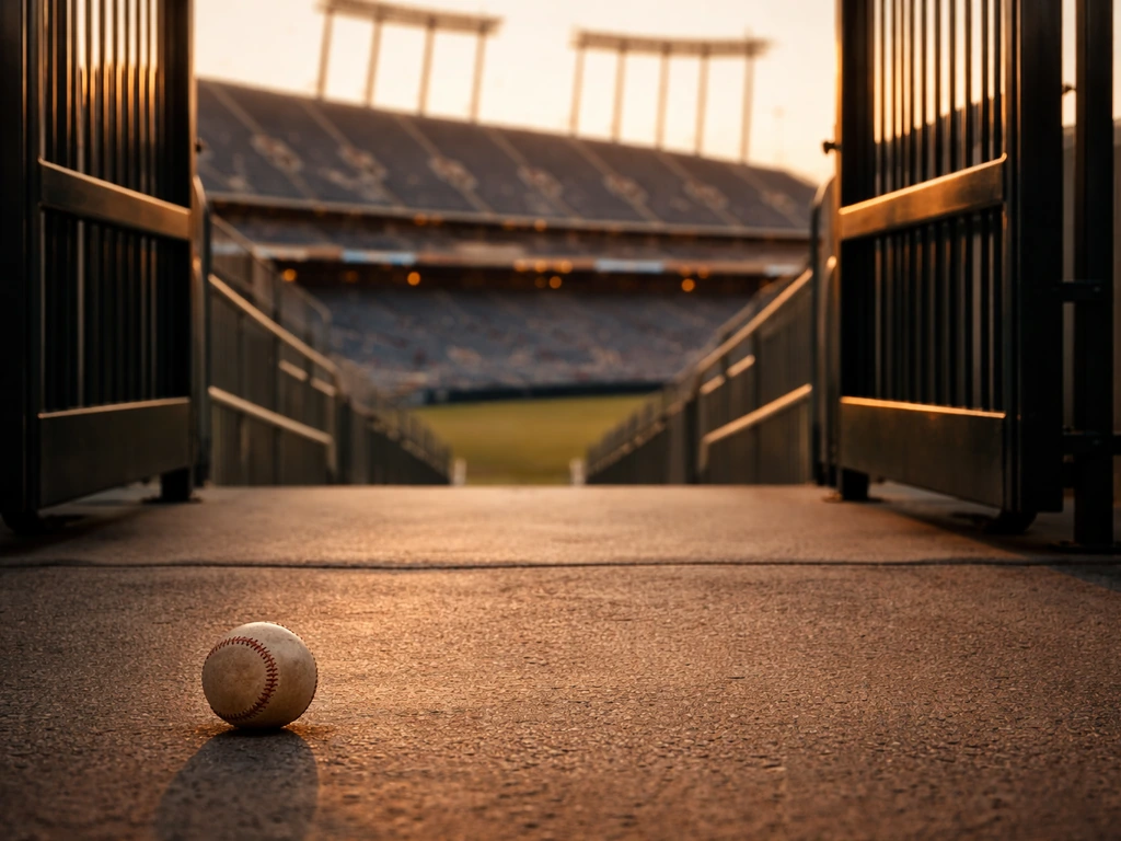 A baseball stadium entrance with a single baseball near the gate, suggesting MLB ownership and investment theme