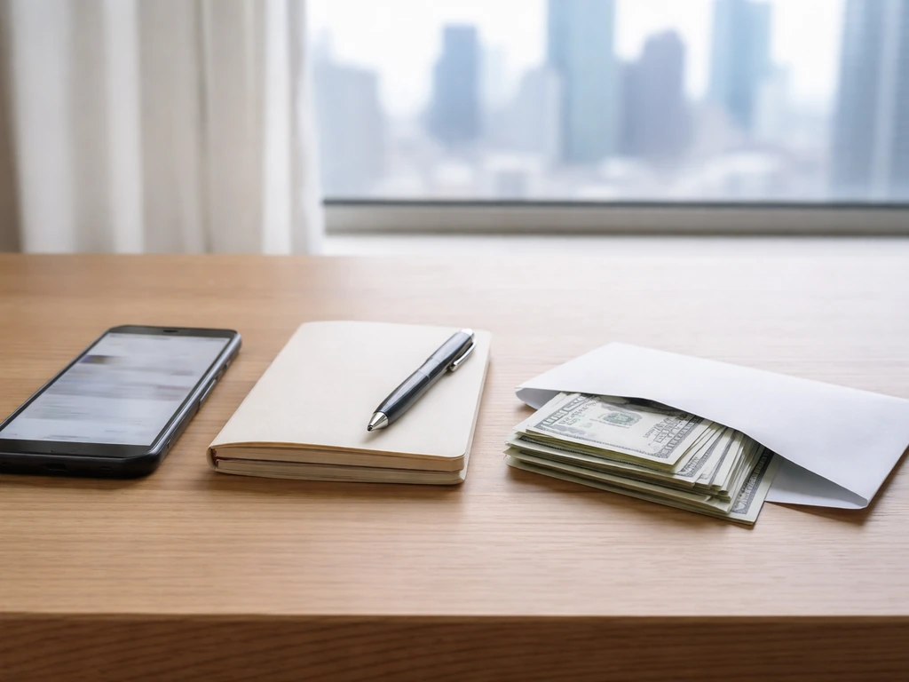 Minimal desk with pen and notebook, blurred phone, and money—symbolic scene for estimating net worth.