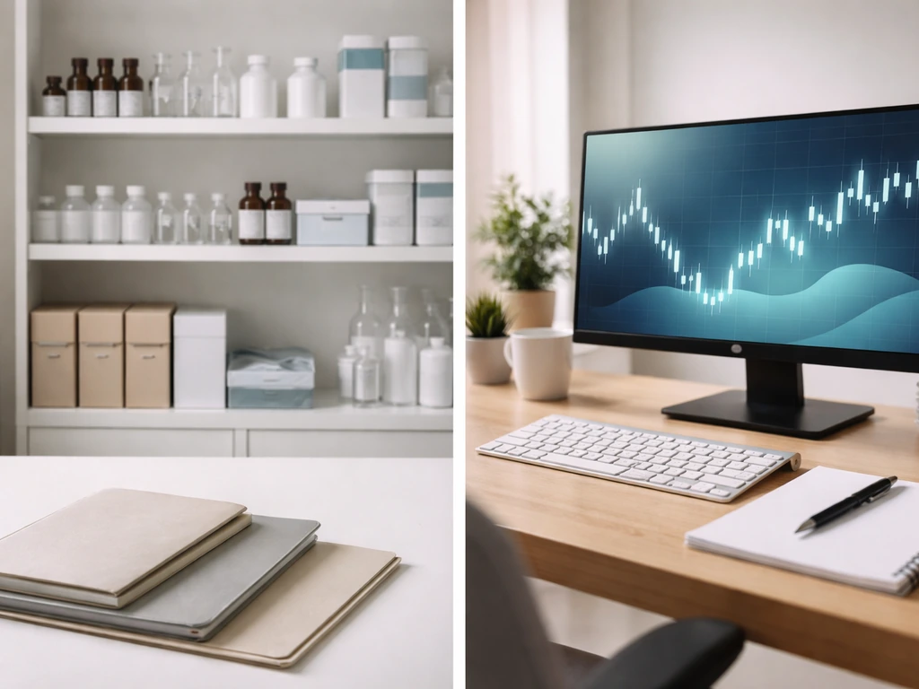 Minimal split-screen photo: lab shelves and corporate ledger vibe on one side, forex education monitor on the other.