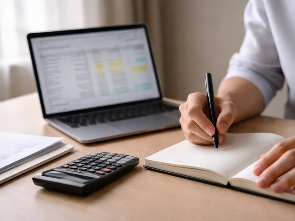 Hands reviewing a blurred valuation spreadsheet on a laptop with calculator and documents on a minimal desk.