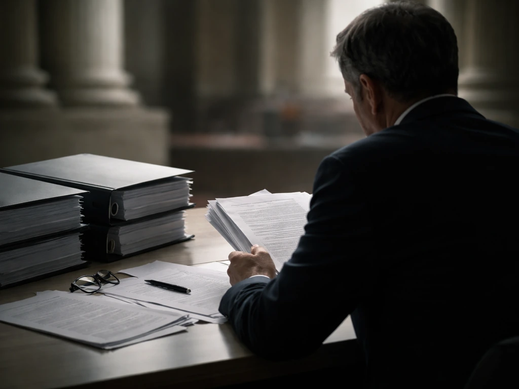 An anonymous compliance officer desk scene with binders and a dimly lit courtroom backdrop