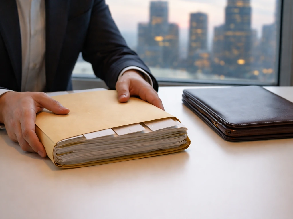 Minimal office desk scene with a heavy envelope of documents and a blurred city skyline, symbolizing a large forfeiture.