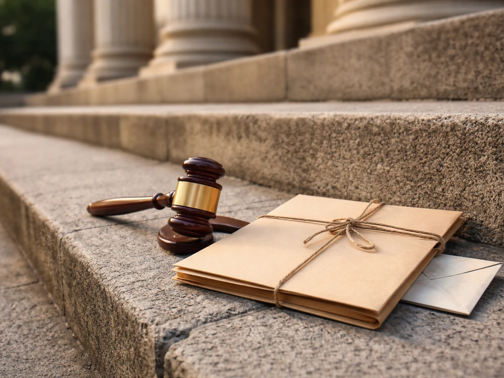 Gavel resting on courthouse steps with a sealed court file folder in soft morning light