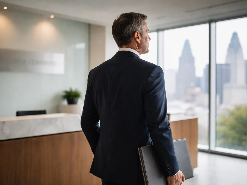 Real estate executive in a modern Philadelphia office, name-less, with PMC Property Group signage cues