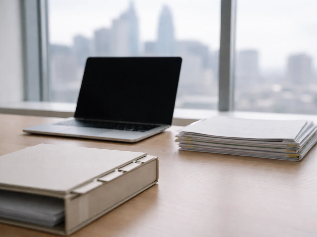 Empty financial filing desk with a laptop and blurred SEC-style documents, suggesting no confirmed net worth figure
