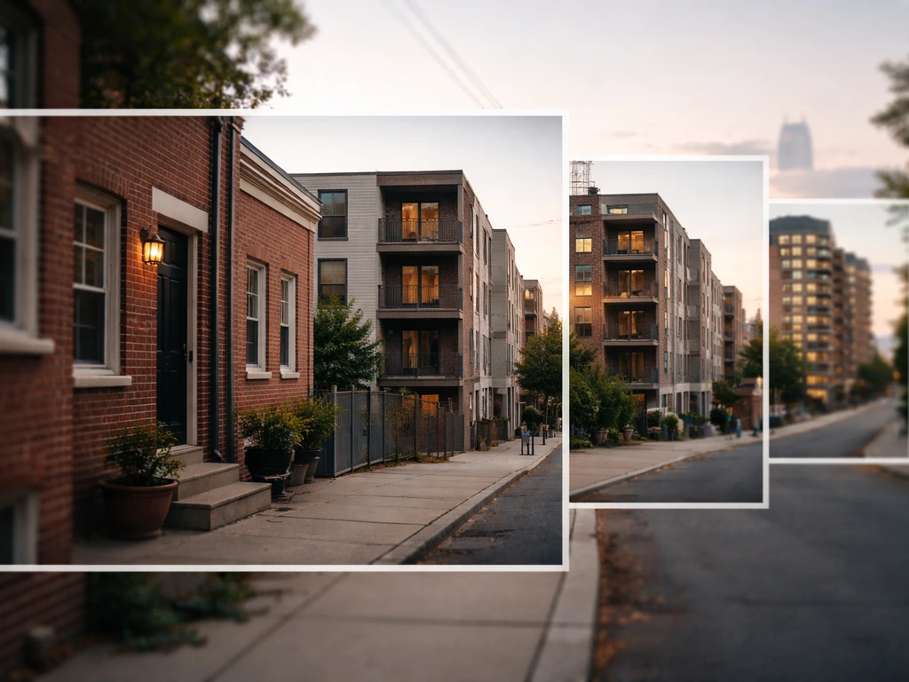 Street view showing progression from rowhomes to larger multi-unit buildings in a Philadelphia setting.