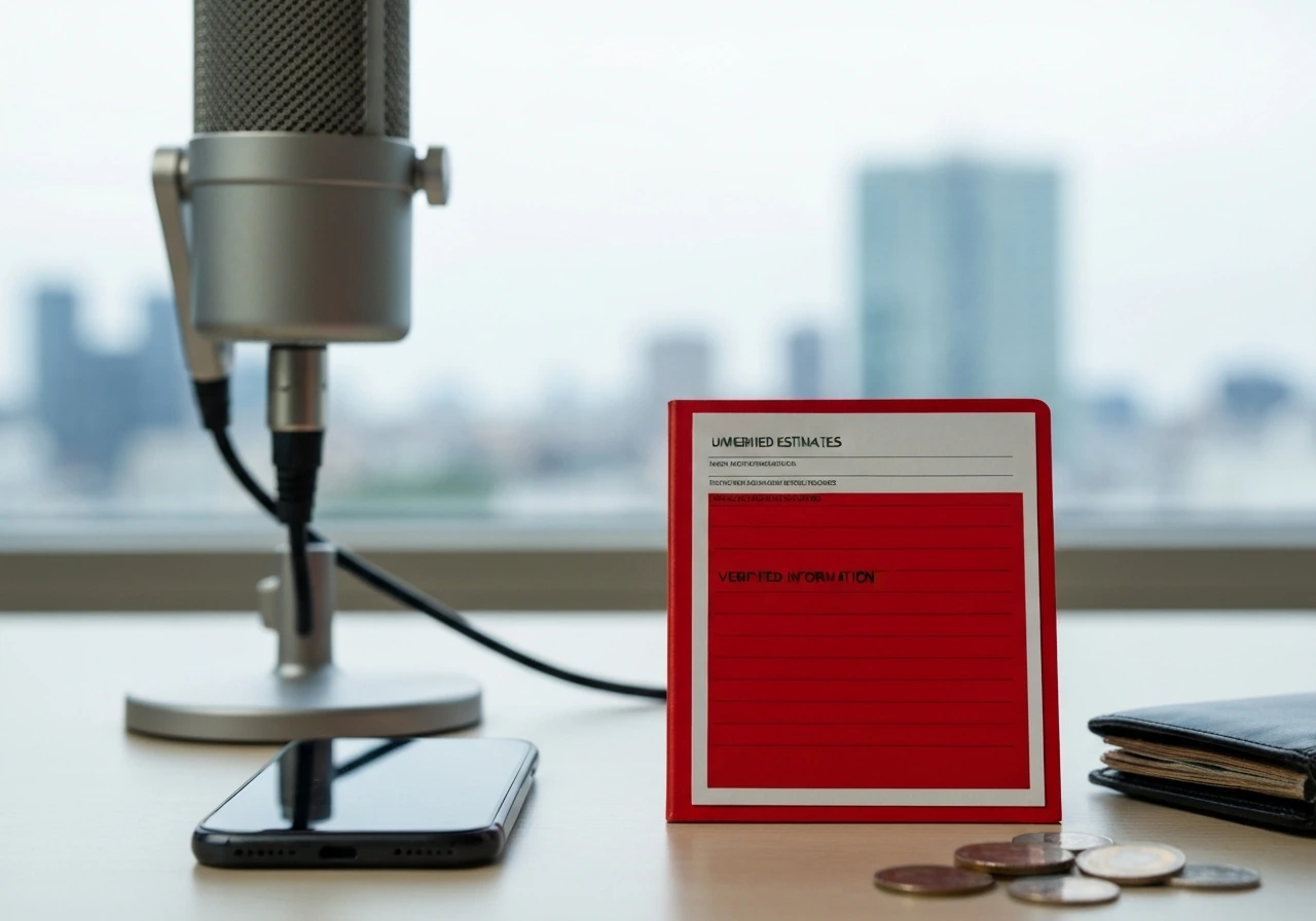 Minimal desk scene with phone, redacted folder, microphone, and coins suggesting unverified vs verified info.