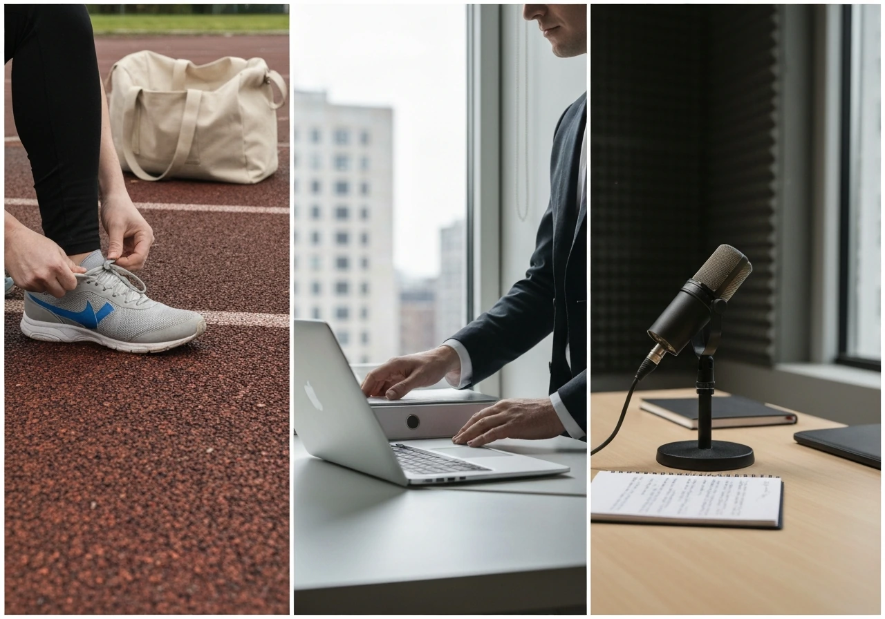 Three-panel collage of hands in sport/charity, office education work, and an unbranded studio microphone.