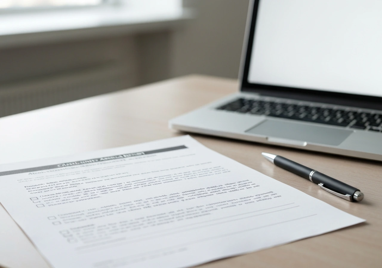 Close-up of a charity accounts document on a desk, with a pen and laptop in soft focus background.