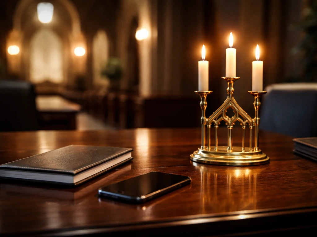 Minimal photo of a luxury office desk with a gold church-like candle holder and a smartphone, symbolizing wealth and med