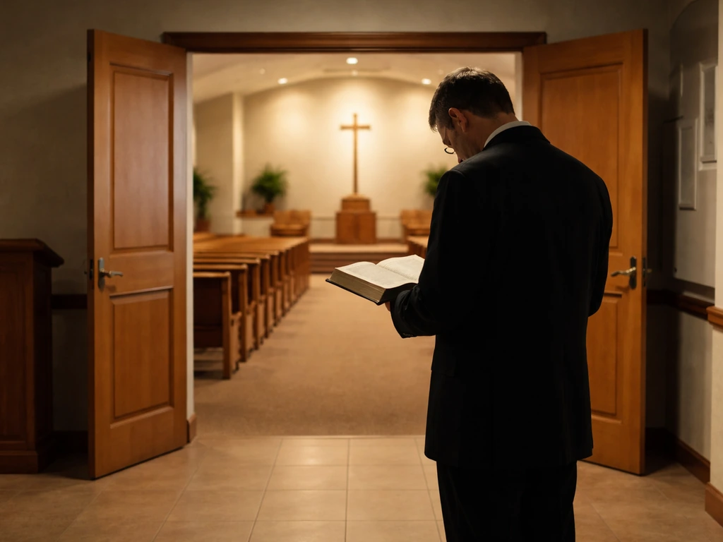 Unidentifiable church leader holding a Bible in a softly lit Pentecostal church foyer doorway.