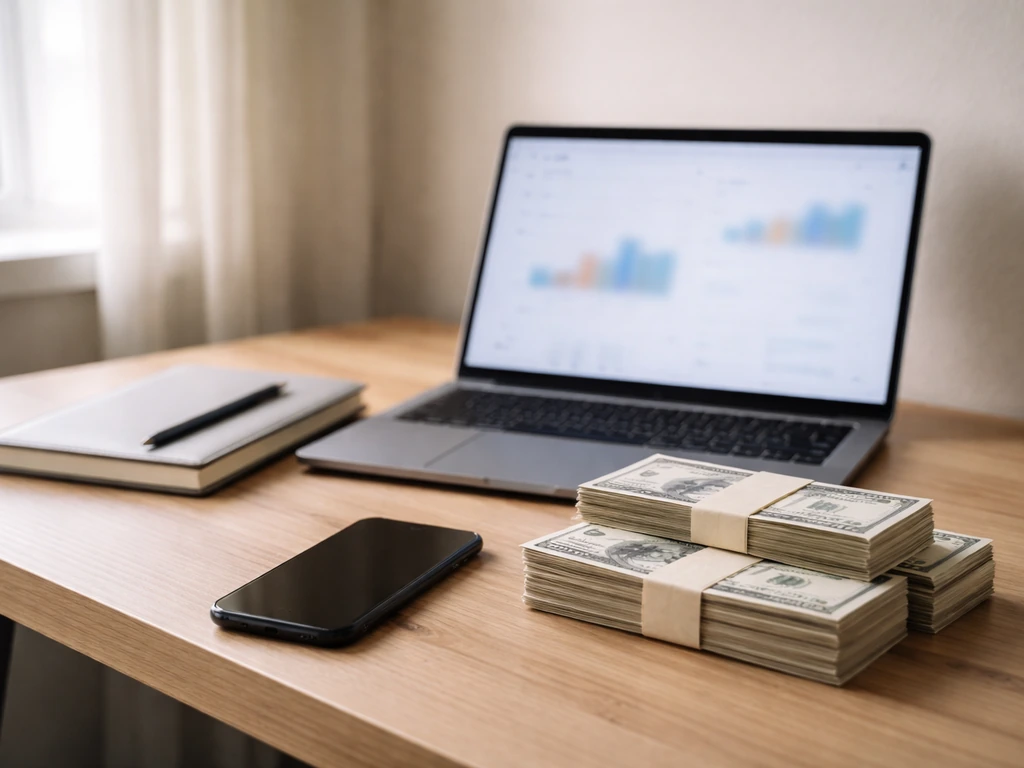 Minimal desk scene with an open laptop and scattered cash, symbolizing comparing published net worth estimates.
