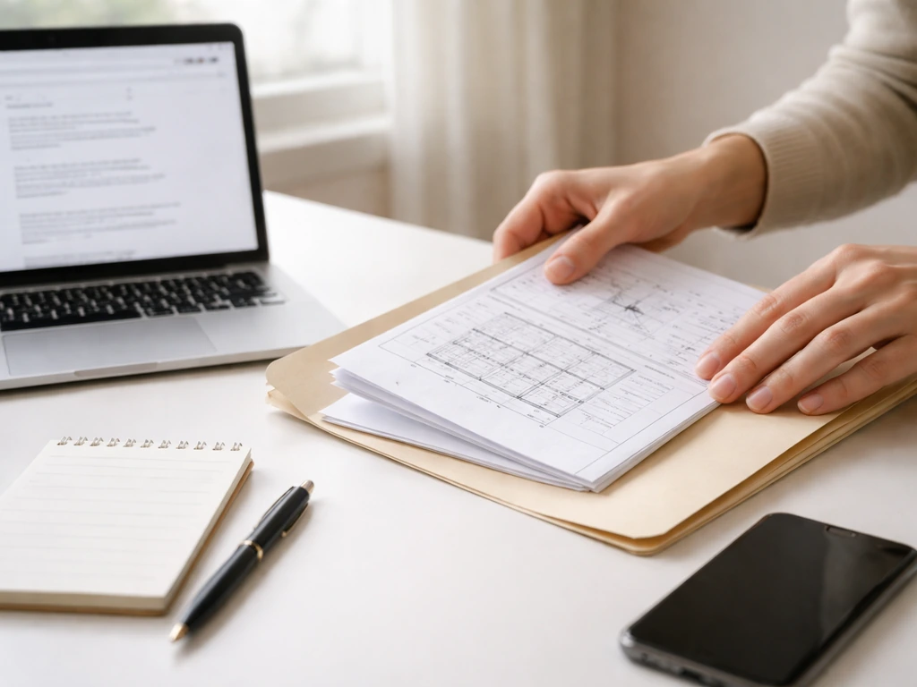 Close-up of hands organizing printed records and a laptop search for property documents