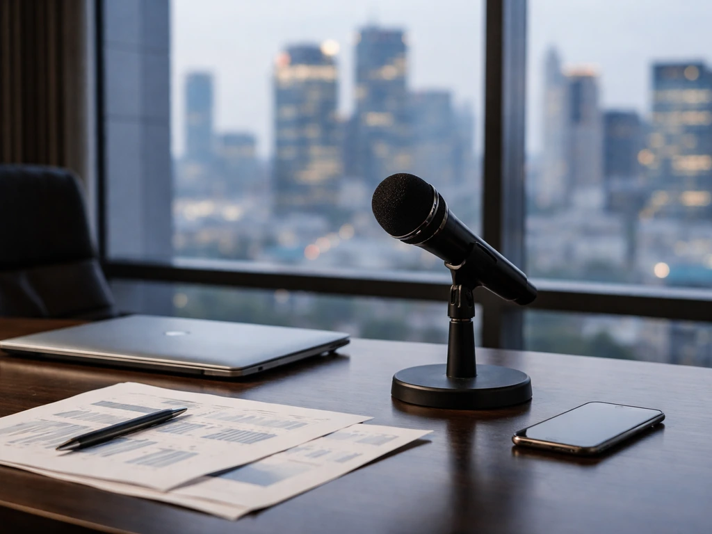 Minimal office desk scene with a microphone and smartphone, symbolizing business and net-worth analysis.
