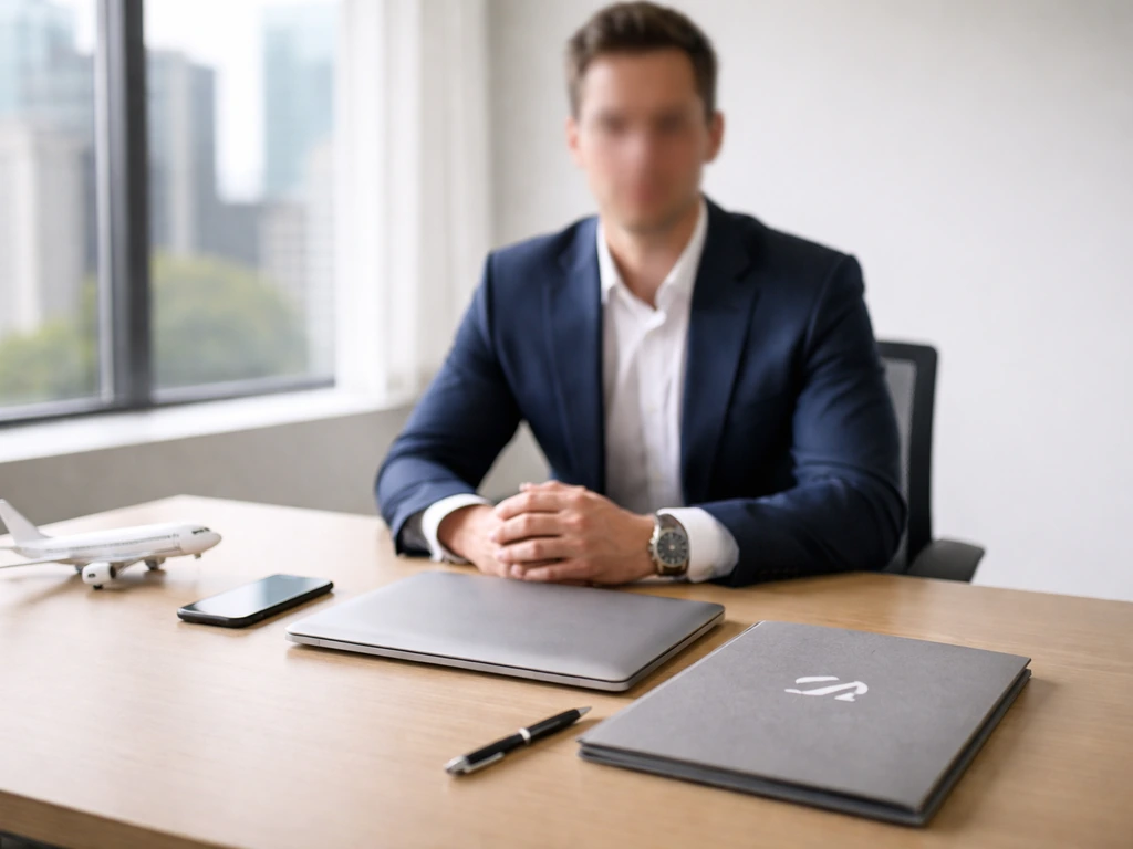 Maurice J. Gallagher verified concept: anonymous business CEO at a desk with an Allegiant-branded travel folder
