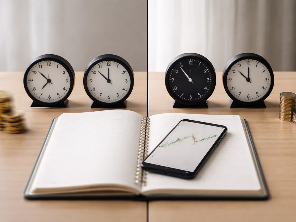 Minimal desk scene with two clocks, a blank notebook, and a phone showing unreadable chart lines to imply changing estim