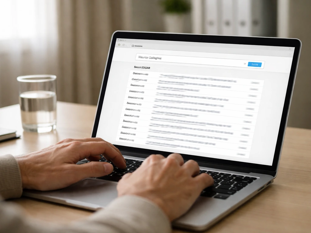 Laptop showing a generic government finance search results page with focus on EDGAR-like interface