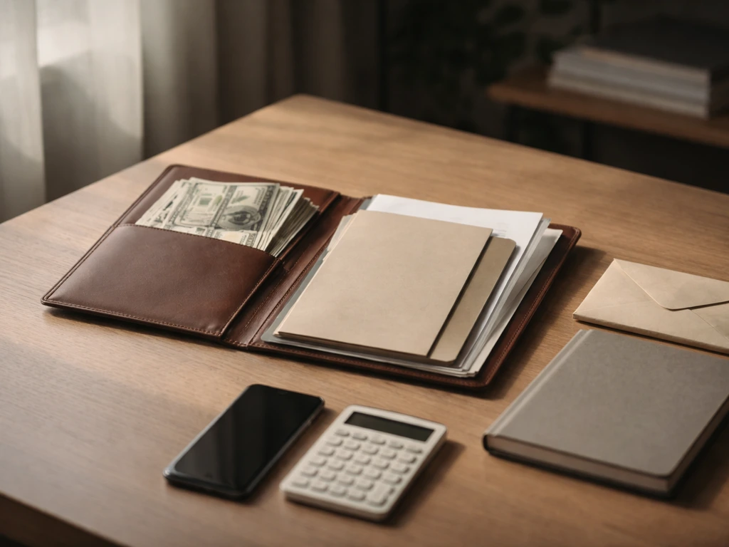 Minimal office desk scene showing cash and documents separate from liability items to suggest net worth estimation.