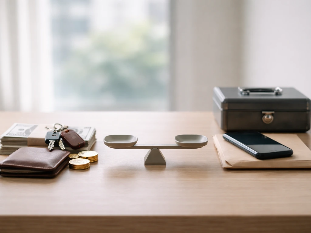 Minimal desk photo showing separate piles of asset-like items versus liability-like items, implying subtraction.
