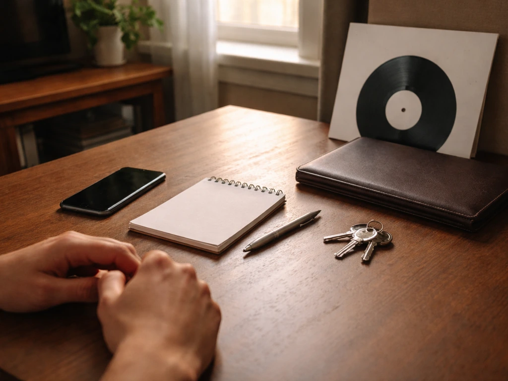 Minimal photo of a tidy desk with a notebook, pen, phone, and keys, suggesting income, business ownership, and assets.