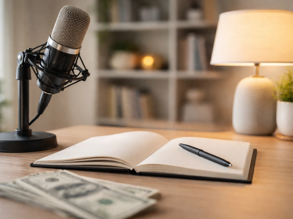 Anonymous home-office desk with microphone and money pile, symbolizing net worth and income discussion.