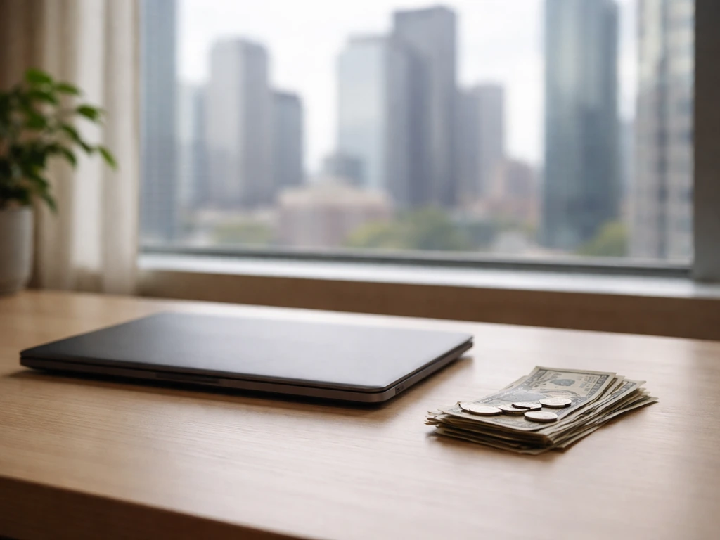 Minimal desk scene with a closed laptop and scattered cash beside a blurred city skyline, symbolizing net worth estimate