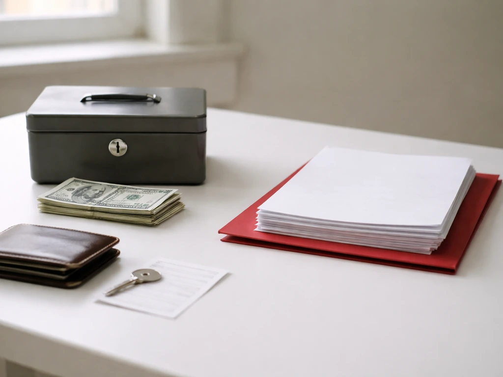 Minimal desk scene showing a lockbox of money assets next to blank documents suggesting liabilities.