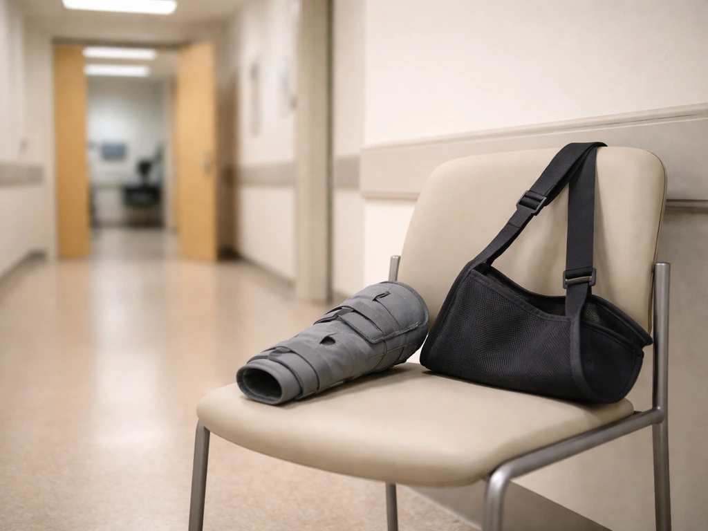Empty hospital corridor with a clean office door and orthopedic clinic cues like a cast brace on a chair