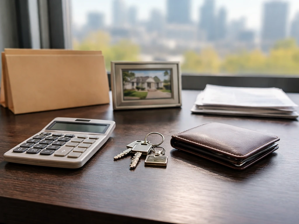 Minimal desk scene with calculator, keys, wallet, and out-of-focus documents symbolizing net worth factors.