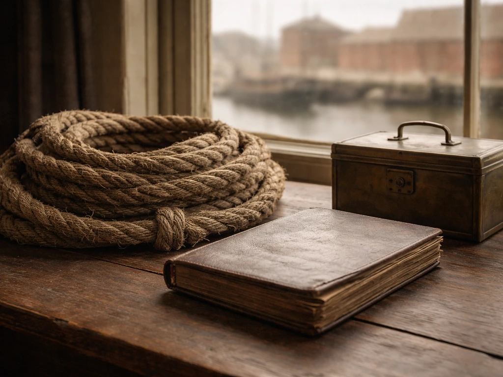 Antique whaling rope coiled beside a ledger and cashbox on a small office desk, hinting trade and retail origins.