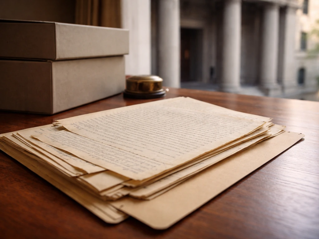 Close-up of aged probate paperwork beside a courthouse doorway and archival filing boxes