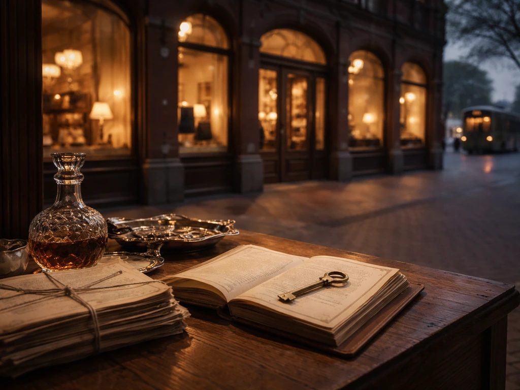 Historic department-store storefront with warm light, ledger and brass key, and classic estate items in foreground.
