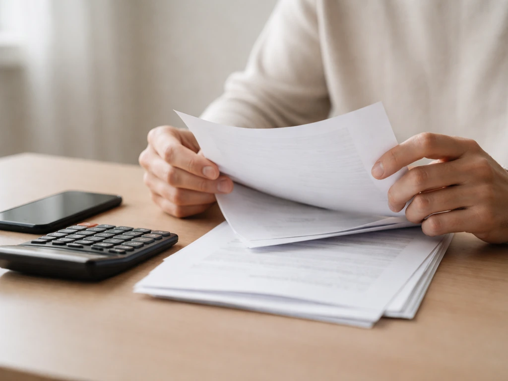 Person at a desk reviewing documents and a calculator, symbolizing checking a net worth claim