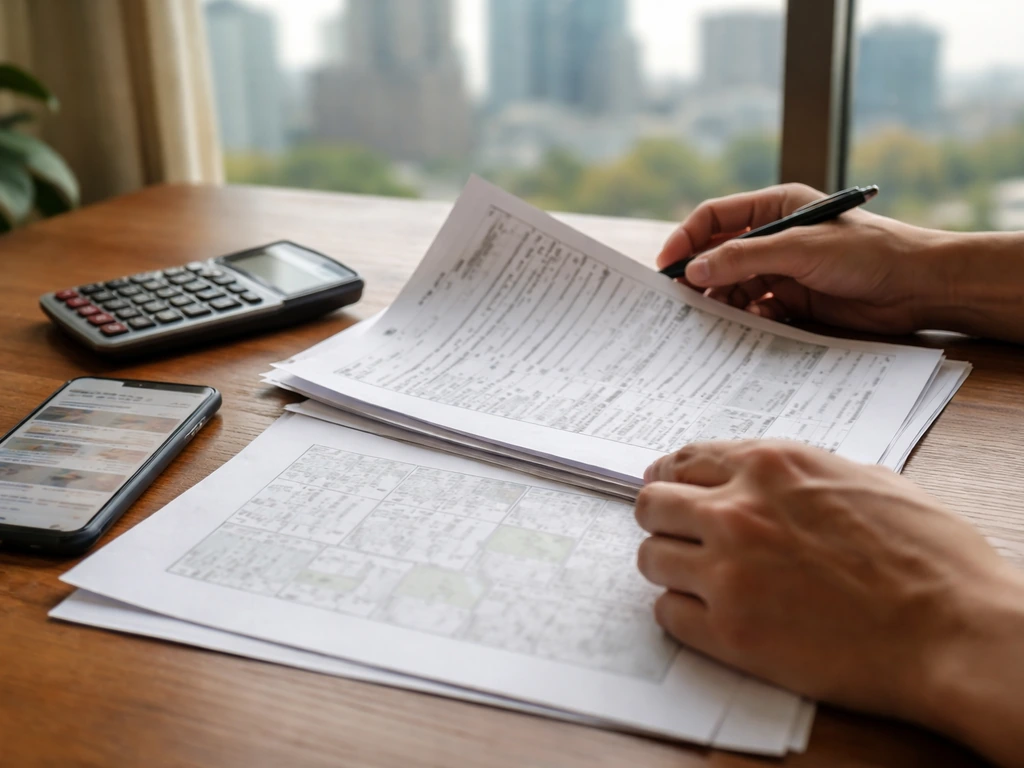 Hands review property record documents with a calculator and phone, suggesting public-record financial verification.