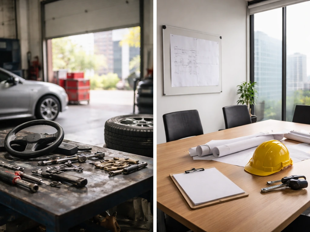 Split image showing anonymous automotive garage tools on one side and a blank office workspace on the other.