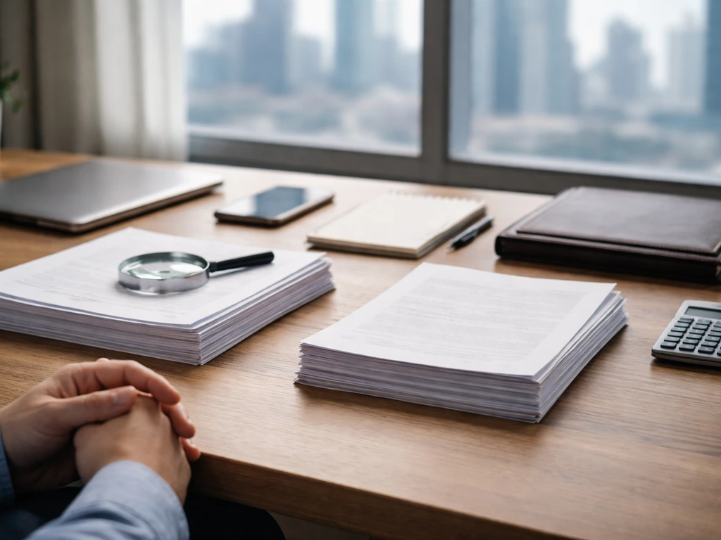 Minimal desk scene with papers and a smartphone showing a finance research vibe, no text.