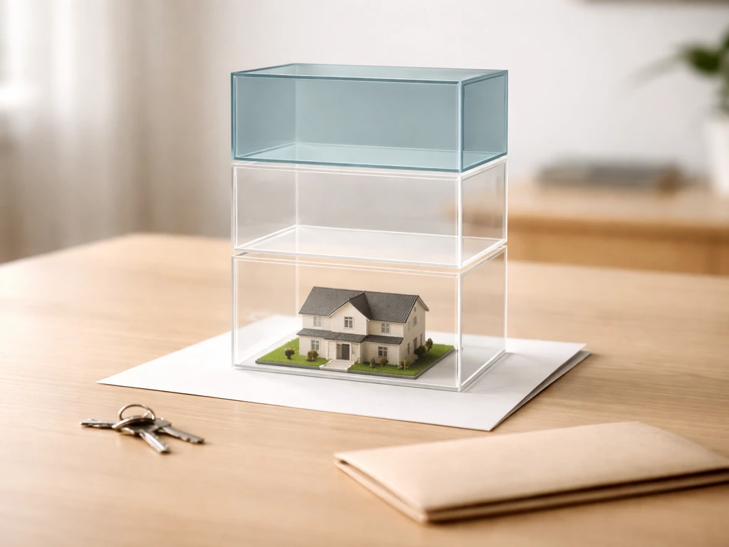 Minimal tabletop scene with stacked clear acrylic “layers” above a small model house, symbolizing LLC property holding.