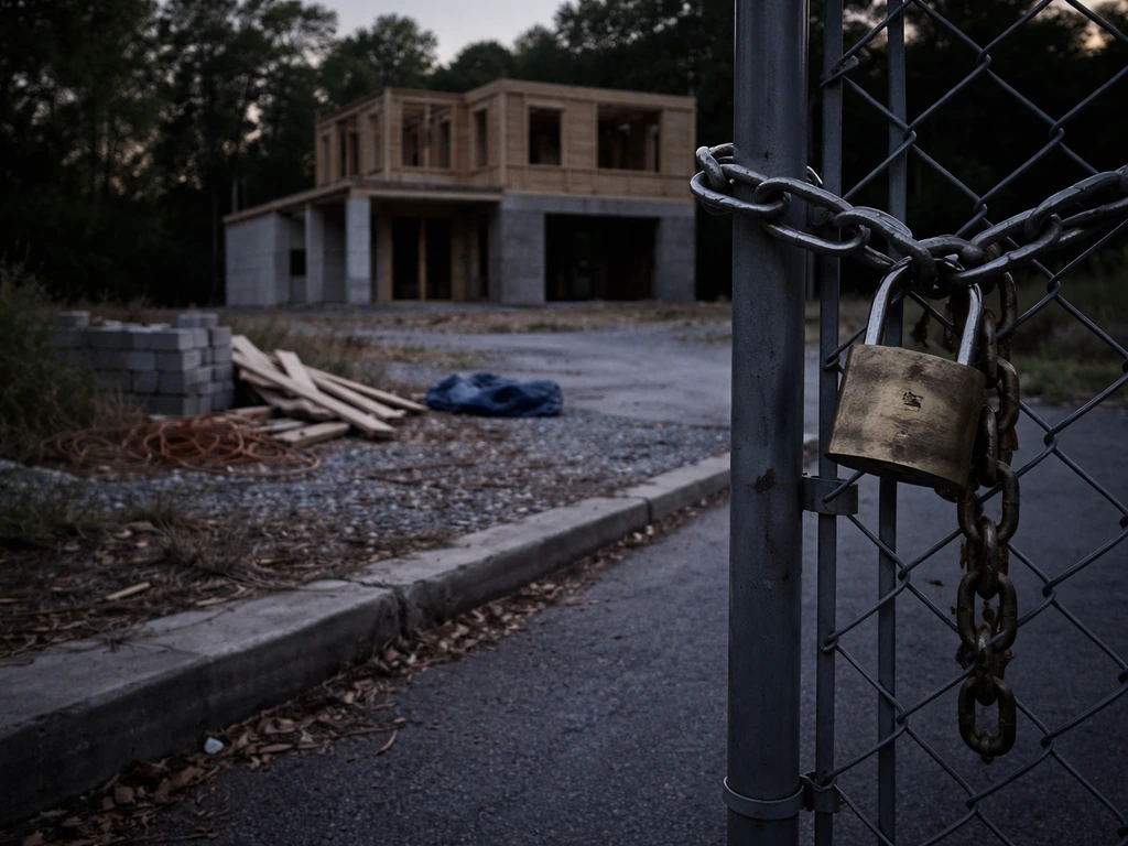 Empty house construction site with a locked gate and chain, symbolizing development debt and liens.