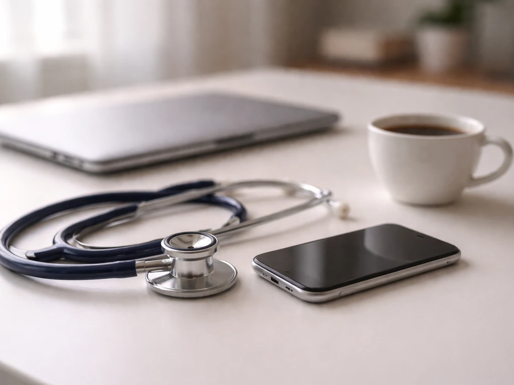 Minimal desk scene with a smartphone, stethoscope, and coffee—symbolizing physician-entrepreneur in healthcare tech.