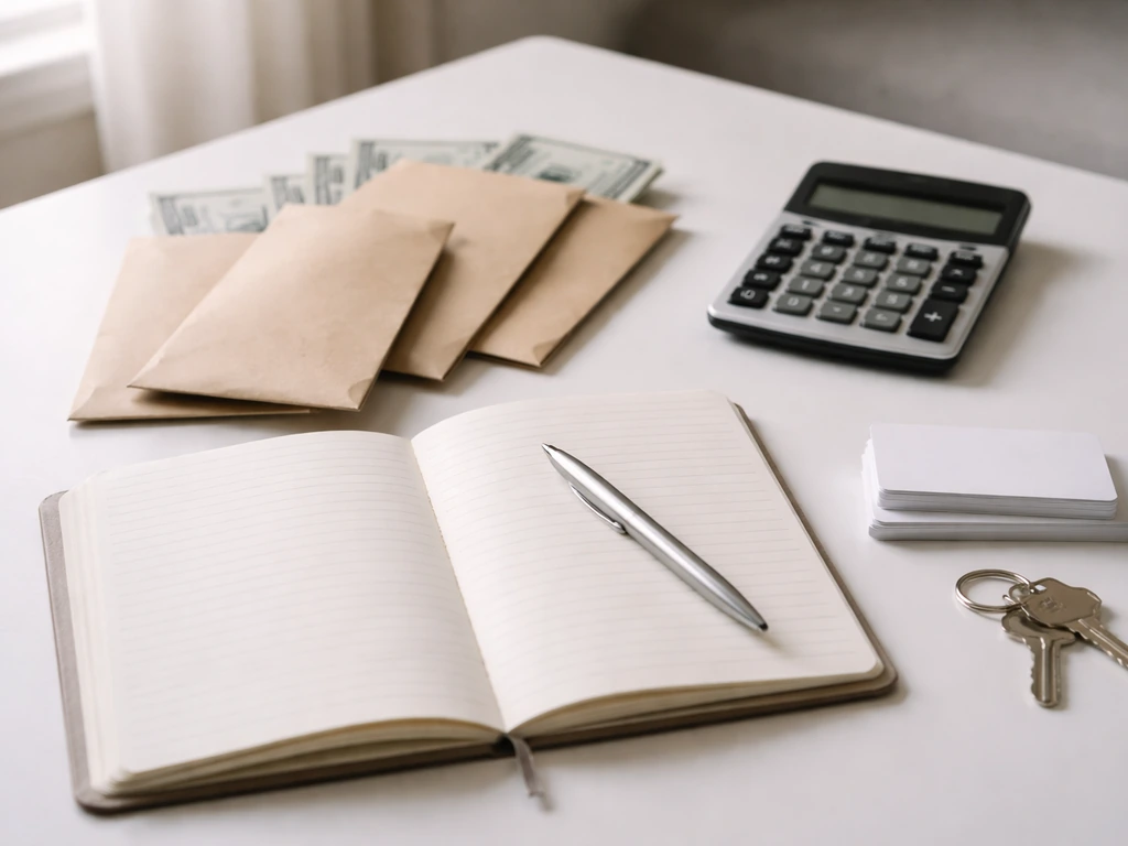 Minimal photo of an open notebook with a calculator and scattered money envelopes representing net worth estimates