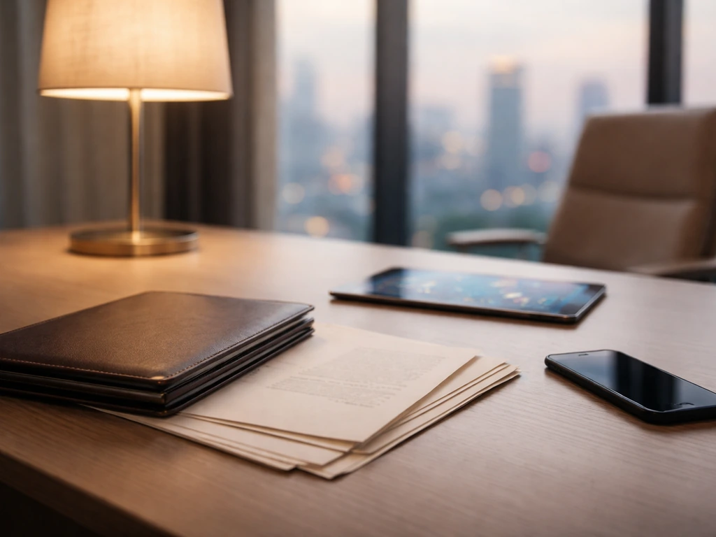 Minimal finance office desk with documents and an abstract market screen glow, suggesting net-worth estimation research.