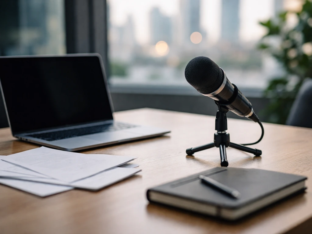 Minimal photo showing a financial news studio desk with microphone, papers, and a laptop to symbolize different profiles