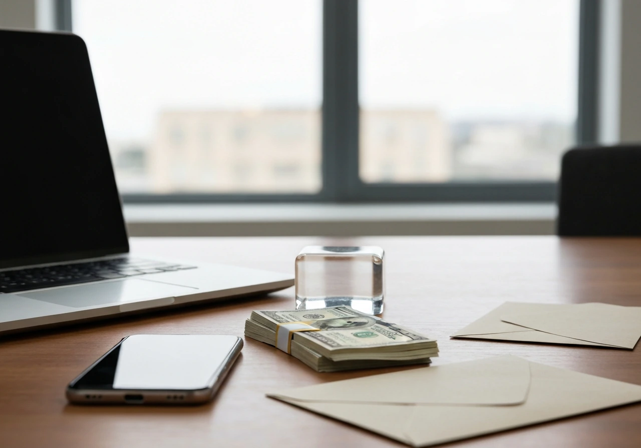 Minimal office desk with laptop and money symbolizing income, assets, and investments